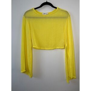 LOVE J Womens Top M Yellow Mesh Crop Long Bell Sleeve‎ Festival Rave Clubwear